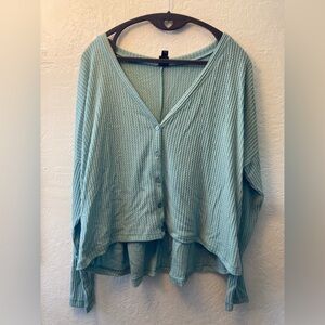 Blue Waffle Knit Button Up Long Sleeve